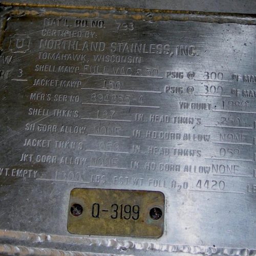 300 Gallon Northland 316 S/S Vertical Jacketed Reactor Pressure Vessel