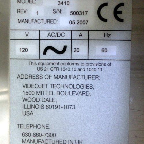 Videojet Model 3410 High Speed 50 watt Internally Cooled Steered Beam Laser Coder