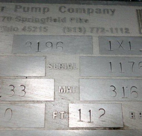 Peerless Model 8196 316 S/S Size 1 x 1 5/6 5 HP Centrifugal Pump