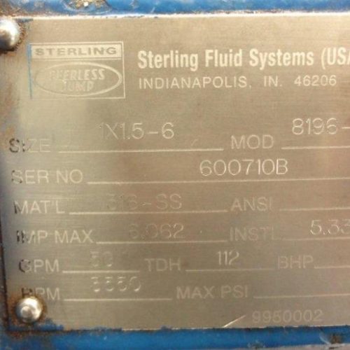 Peerless Model 8196 316 S/S Size 1 x 1 5/6 5 HP Centrifugal Pump