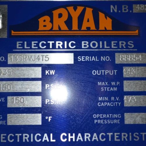 Bryan Model 135RVJ4T5-72×1500 Electric 135 KW, 150 PSI, 443 MBH Output Water Boiler