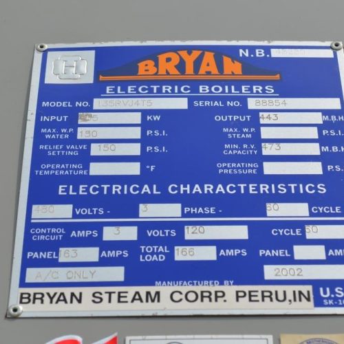 Bryan Model 135RVJ4T5-72×1500 Electric 135 KW, 150 PSI, 443 MBH Output Water Boiler
