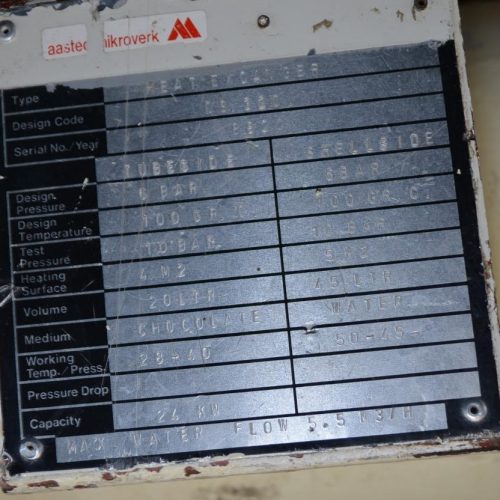 Aasted Model DMW1000 1,000 Kg/Hr Tempering Unit with Heat Exchanger