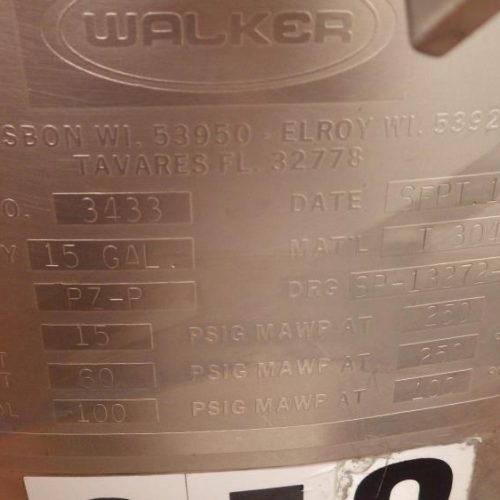 15 Gal Walker Model PZP S/S Bottom Turbine Agitated Pressure Tank with Fixed Baffle
