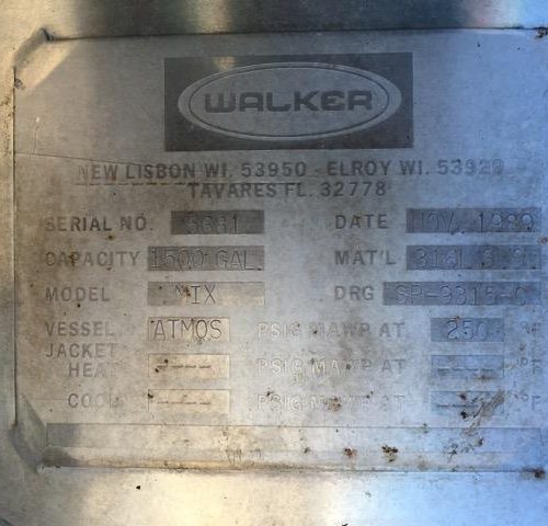 1,500 Gallon Walker 316L S/S Vertical Single Wall Agitated Mix Tank