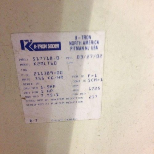 Ktron Model K2MLT60 S/S 3A Dairy Twin Screw Loss In Weight Feeder, Agitated Hopper