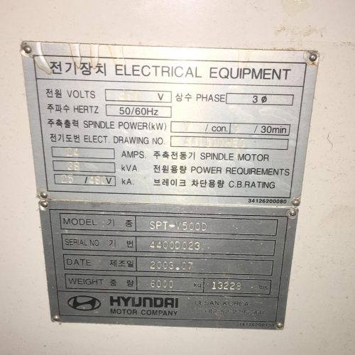 Hyundai Model SPT500D CNC Vertical Machining Center