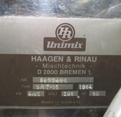 15 Liter Haagen and Rinau SRT15 Unimix S/S Jacketed Full Vacuum Planetary Mixer
