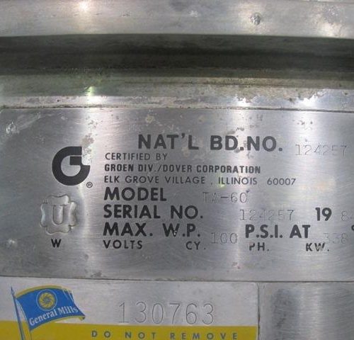 60 Gallon Groen Model TA60 S/S Jacketed Sweep Scrape Agitated Kettle