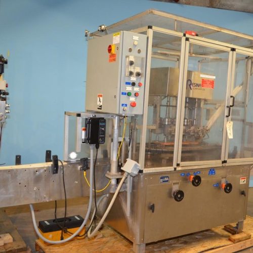 Resina Model NRU40 (8) Quill Inline Spindle Capper with Cap Orientor and Hopper