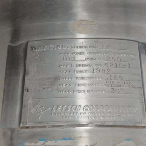 160 Gallon Letsch 316 S/S Vertical Prop Turbine Agitated Dished Heads Pressure Tank