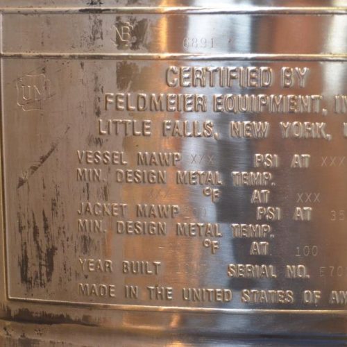 100 Gallon Feldmeier Vertical S/S Jacketed Turbine Agitated Tank