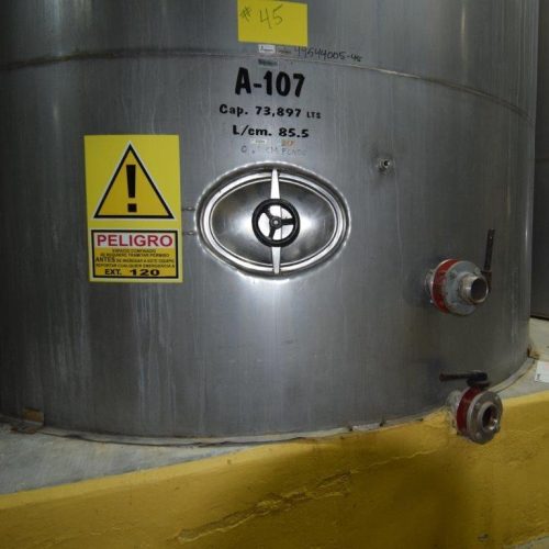 19,500 Gallons Capacity (Approx.) Vertical S/S Single Wall Tank