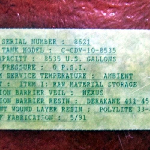 8,535 Gallon Warner Model CCDV108535 Vertical Agitated Fiberglass Tank