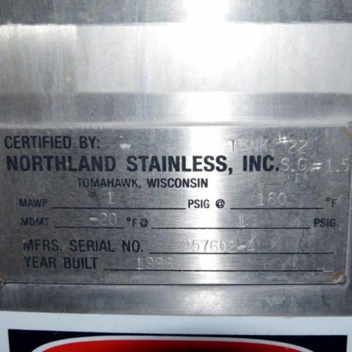8,000 Gallon Northland Vertical 316L S/S Single Wall Tank