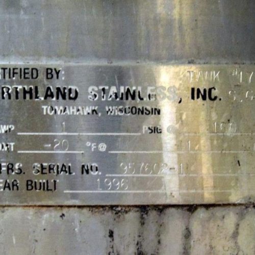 8,000 Gallon Northland Vertical 316L S/S Single Wall Tank