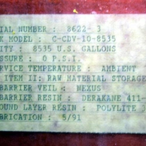 8,535 Gallon Fiberglass Products Model CCDV108535 Vertical Agitated Fiberglass Tank