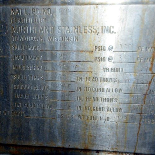 8,000 Gallon Northland Vertical 316L S/S Jacketed Agitated Reactor