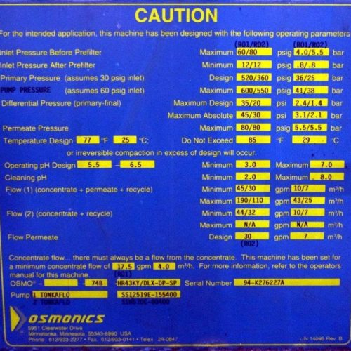 Osmonics Model 74BHR43KYDLXDPSP Reverse Osmosis System