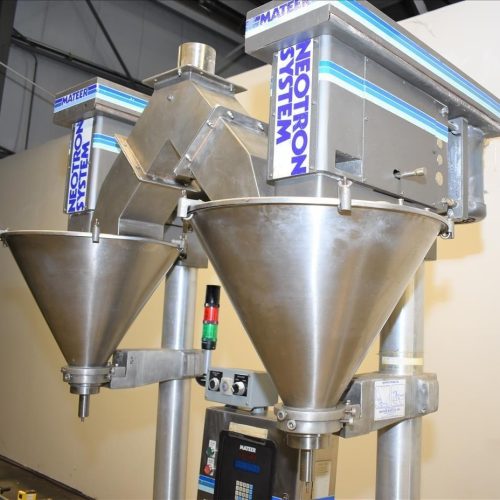Mateer Burt Model 4020 Dual Head S/S Powder Auger Filler w 4.5in Wide Conveyor
