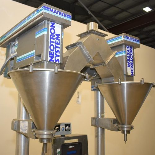 Mateer Burt Model 4020 Dual Head S/S Powder Auger Filler w 4.5in Wide Conveyor