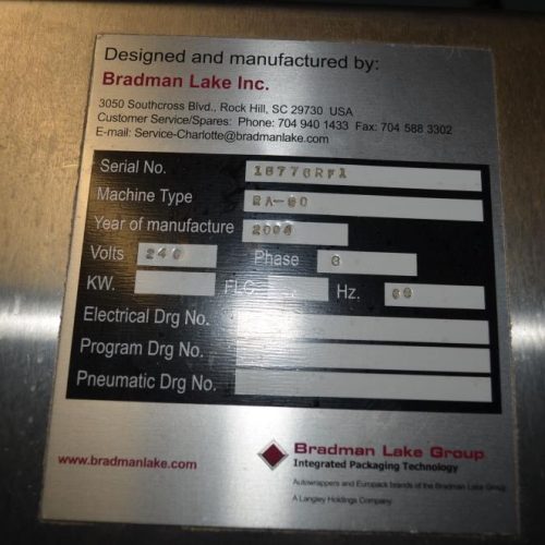 Bradman Lake Model RA90 S/S 90 CPM Right Angle Hot Melt Carton Closer