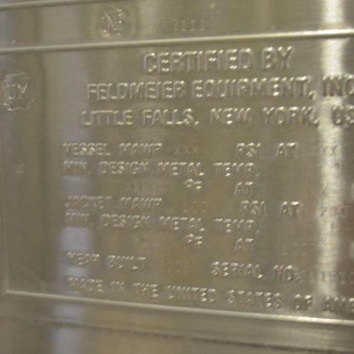 7,500 Gallon Feldmeier S/S Vertical Jacketed Prop Agitated Tank