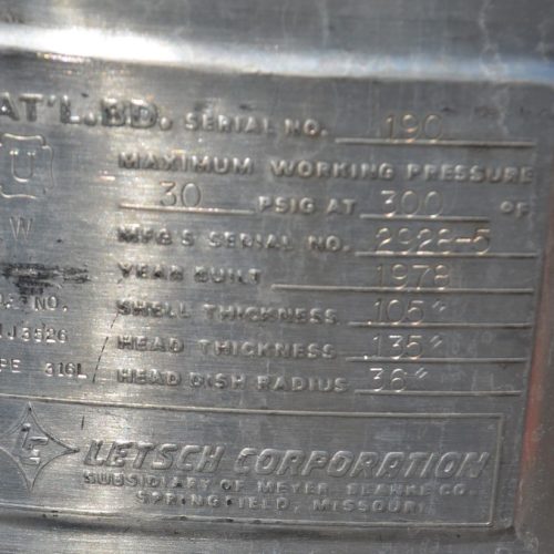 125 Gallon Letsch Vertical S/S Pharmaceutical Grade Tank