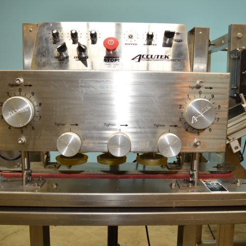 Accutek Model ASC6 (3) Quill 200 CPM Inline Spindle Capper w/ Cap Elevator Orientator