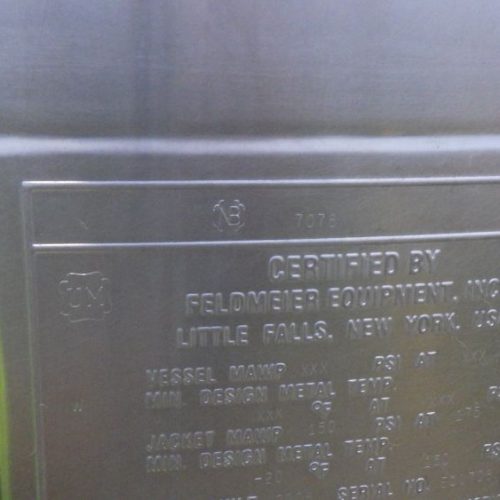 250 Gallon Feldmeier S/S Vertical Jacketed Cone Bottom Sweep Agitated Tank