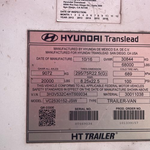 2017 Hyundai Model VC2530152JSW 53 Ft H Composite Food Grade Dry Van Trailer