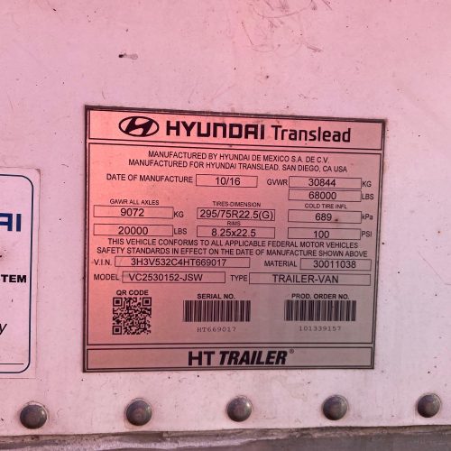 2017 Hyundai Model VC2530152JSW 53 Ft H Composite Food Grade Dry Van Trailer