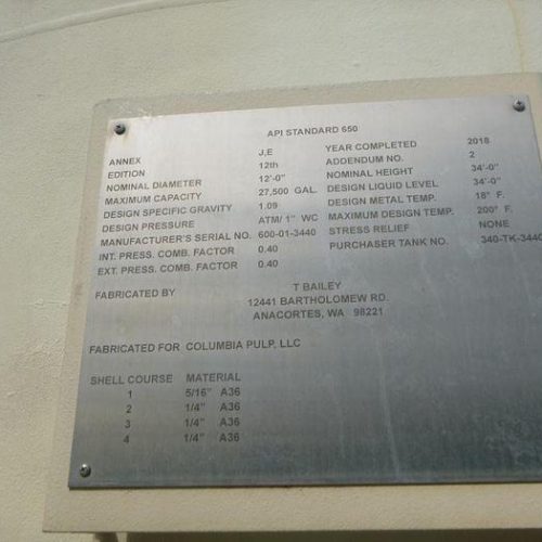 27,500 Gallon A36 Steel Tank 34′ Tall 12′ Diameter