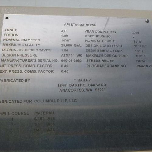 25,000 Gallon A36 Steel Tank 24′ Tall 14′