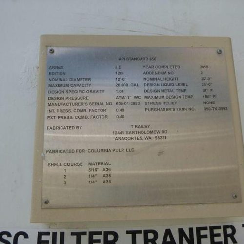 20,000 Gallon A36 Steel Tank 26′ Tall 12′ Diameter