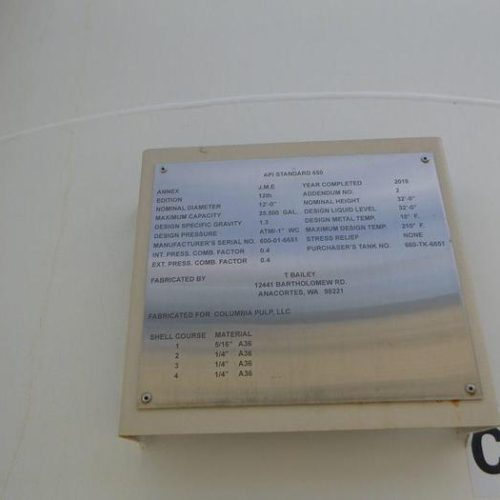 25,500 Gallon A36 Steel Tank 32′ Tall 12′ Diameter (Eight Available)