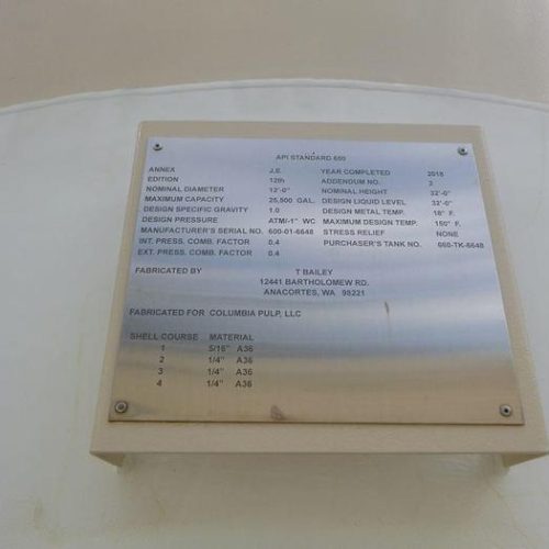 25,500 Gallon A36 Steel Tank 32′ Tall 12′ Diameter (Eight Available)