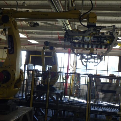 Schneider Complete Palletizer System Including Fanuc Model M410IB, Single Pallet Discharge, Pallet Wrapper, Guarding, Safety Curtain