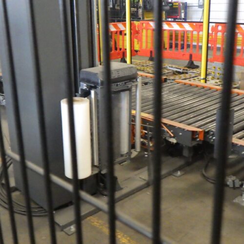 Schneider Complete Palletizer System Including Fanuc Model M410IB, Single Pallet Discharge, Pallet Wrapper, Guarding, Safety Curtain