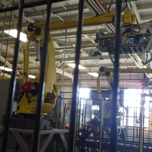 Schneider Complete Palletizer System Including Fanuc Model M410IB, Single Pallet Discharge, Pallet Wrapper, Guarding, Safety Curtain