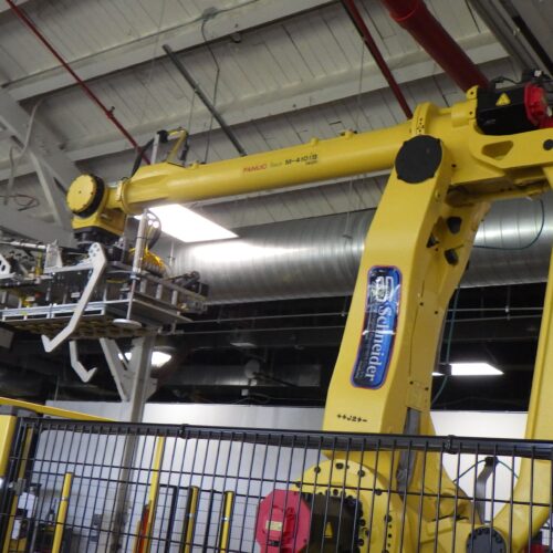 Schneider Complete Palletizer System Including Fanuc Model M410IB, Single Pallet Discharge, Pallet Wrapper, Guarding, Safety Curtain