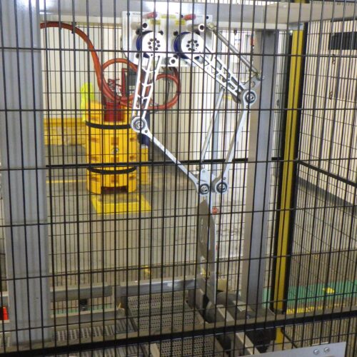 Schneider Complete Palletizer System Including Fanuc Model M410IB, Single Pallet Discharge, Pallet Wrapper, Guarding, Safety Curtain