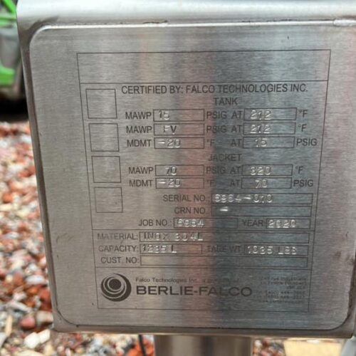 1,235 Liter Berlie-Falco 304L Stainless Steel Vertical Jacketed Pressure Tank
