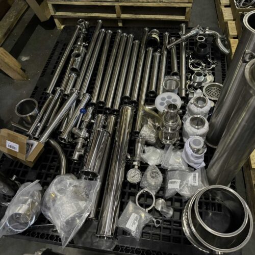 LOT – Qty. (3) Pallets of Assorted Stainless Steel Piping, Fittings, Collars, Gaskets, 1.5 and 2 Inch Site Glass, Dephlegmator, etc.