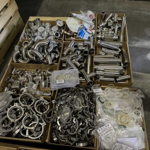 LOT – Qty. (3) Pallets of Assorted Stainless Steel Piping, Fittings, Collars, Gaskets, 1.5 and 2 Inch Site Glass, Dephlegmator, etc.