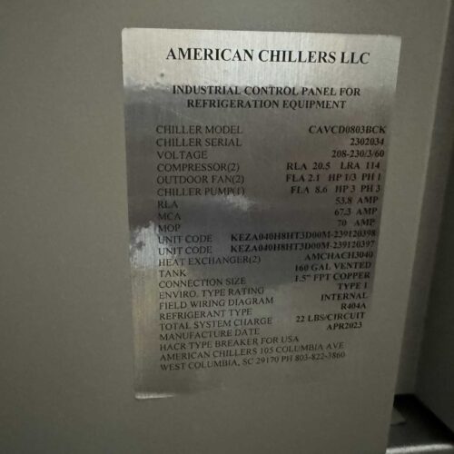American Chillers 8 Ton Glycol Chiller, with 160 Gallon Vented Tank and 3 HP Pump
