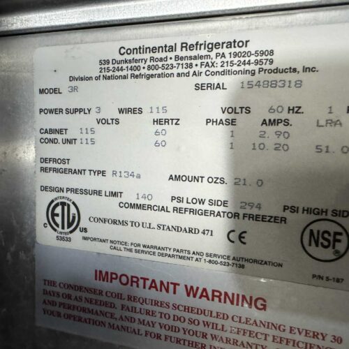 Continental 3R 3-Door Refrigerator, 78″, 3 Section Reach In Cooler