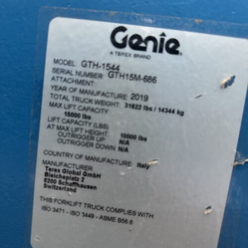 Genie Model GTH1544 15,000 Pound Maximum Lift Capacity Telehandler Telescopic Forklift With Long Reach Attachment