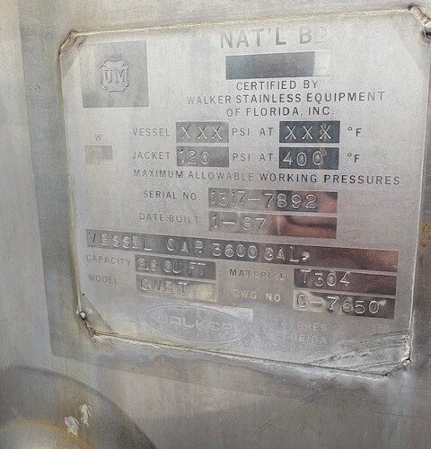 3,600 Walker Vertical S/S Jacketed Tank