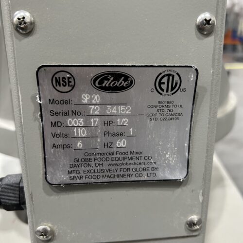 Globe Model SP20 20 Quart Planetary Mixer with Stainless Steel Bowl and Mixer Attachments